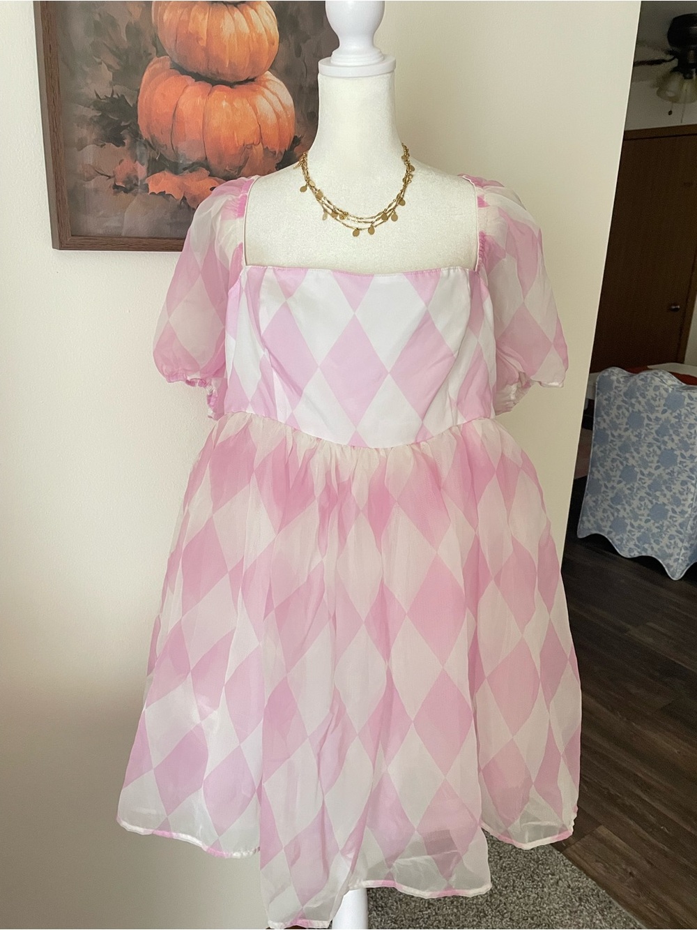Dolls Kill Sugar Thrillz Put On A Show Argyle Babydoll Dress Pink White XXL